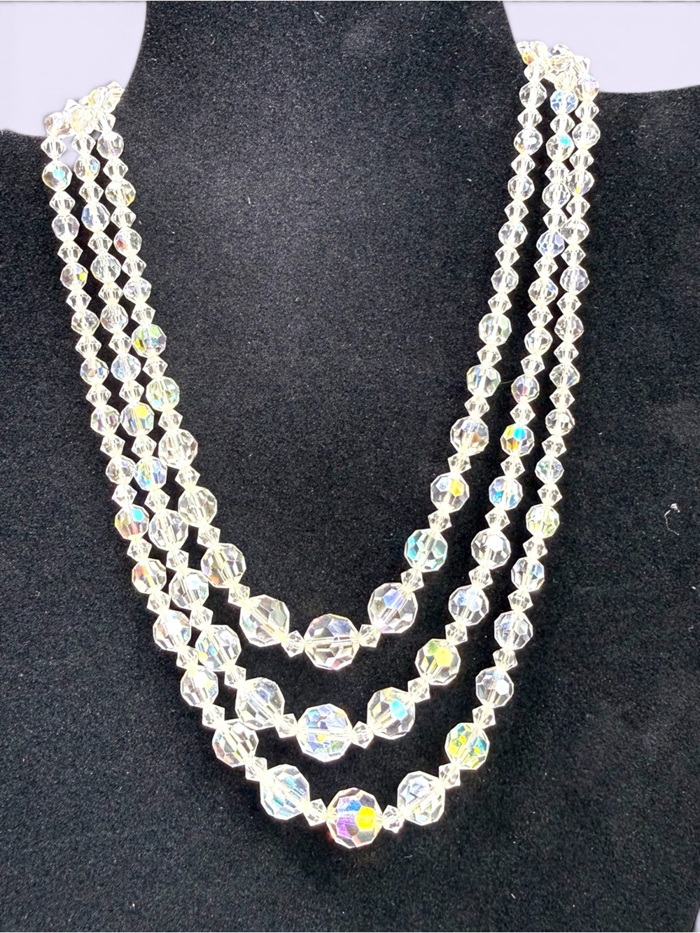 Vintage Aurora Three-Strand Crystal Glass Necklace - 1950s/60s, AB coated